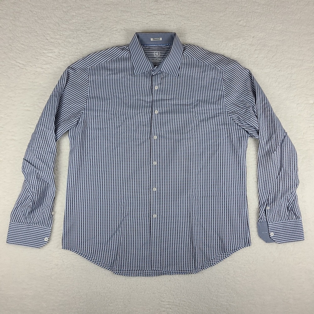 Bugatchi Uomo Shirt Mens XL Blue Brown Check Shaped Fit Dress Button Up *